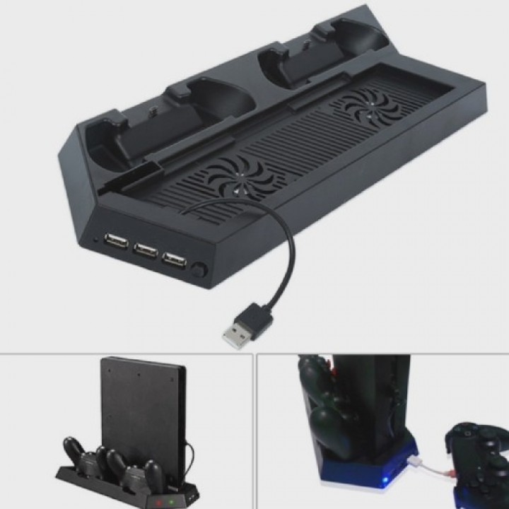 Вертикальная подставка для PS4 Slim с зарядкой для двух геймпадов и доп.охлаждением